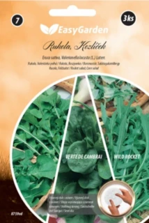 Přední strana balení výsevných disků s rukolou, Wild Rocket a polníčkem Verte de Cambrai
